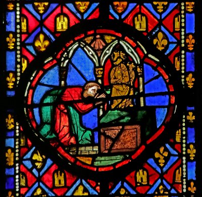 Vetrata raffigurante Teofilo davanti a una statua della Vergine Maria da French School